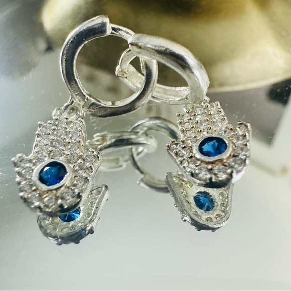 Elegant Silver Hamsa Earrings with Blue Zircon Accents - Picture 8 of 10